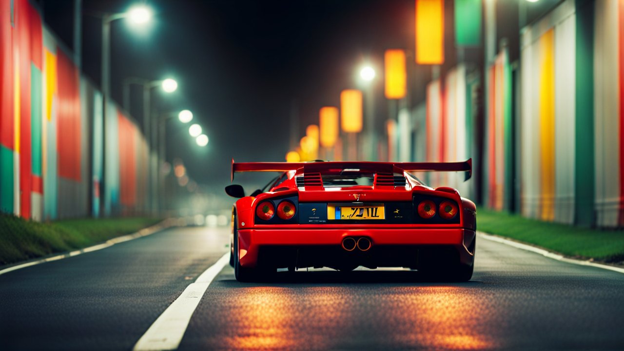 Red Ferrari F40 on a Vibrant Night Road