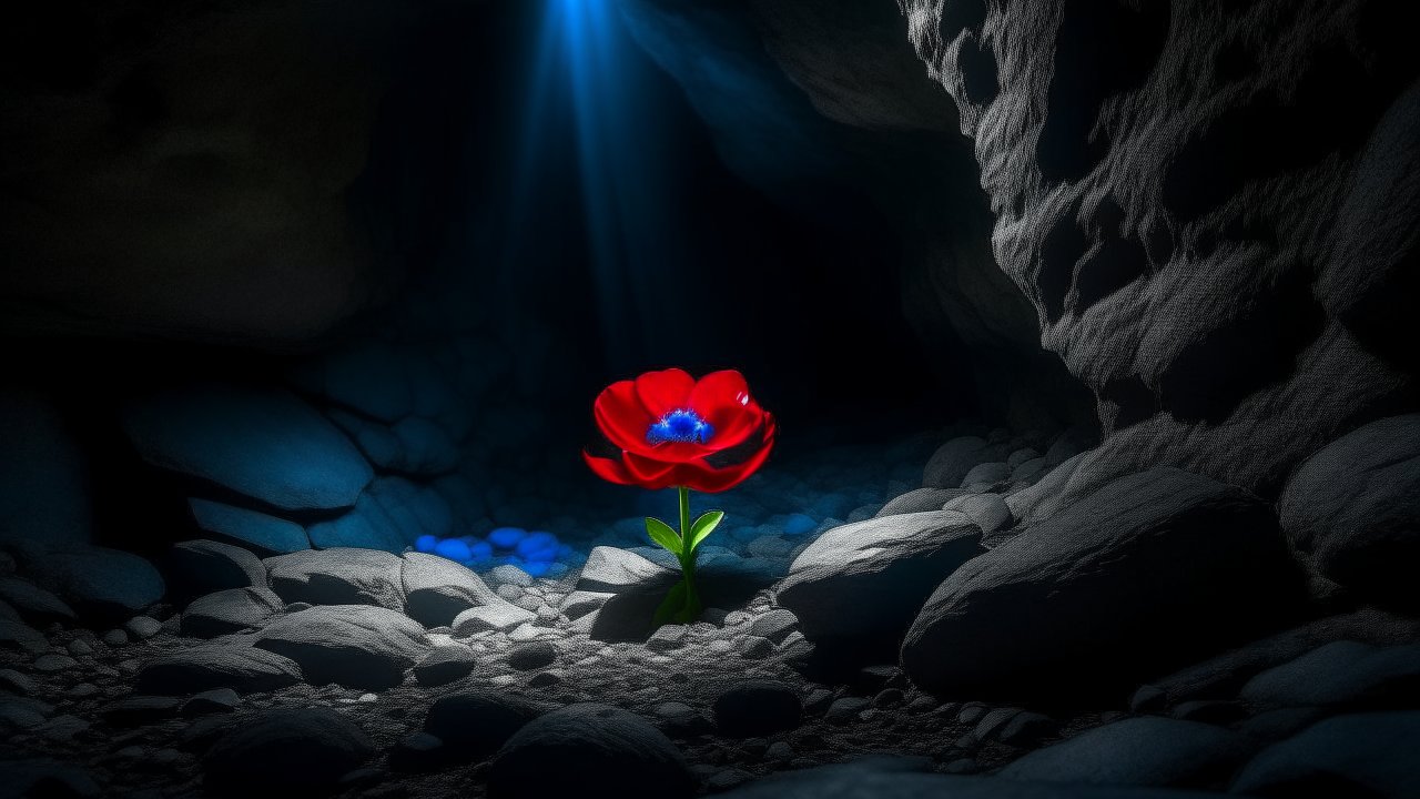 Red Flower Illuminated in a Dark Rocky Cave