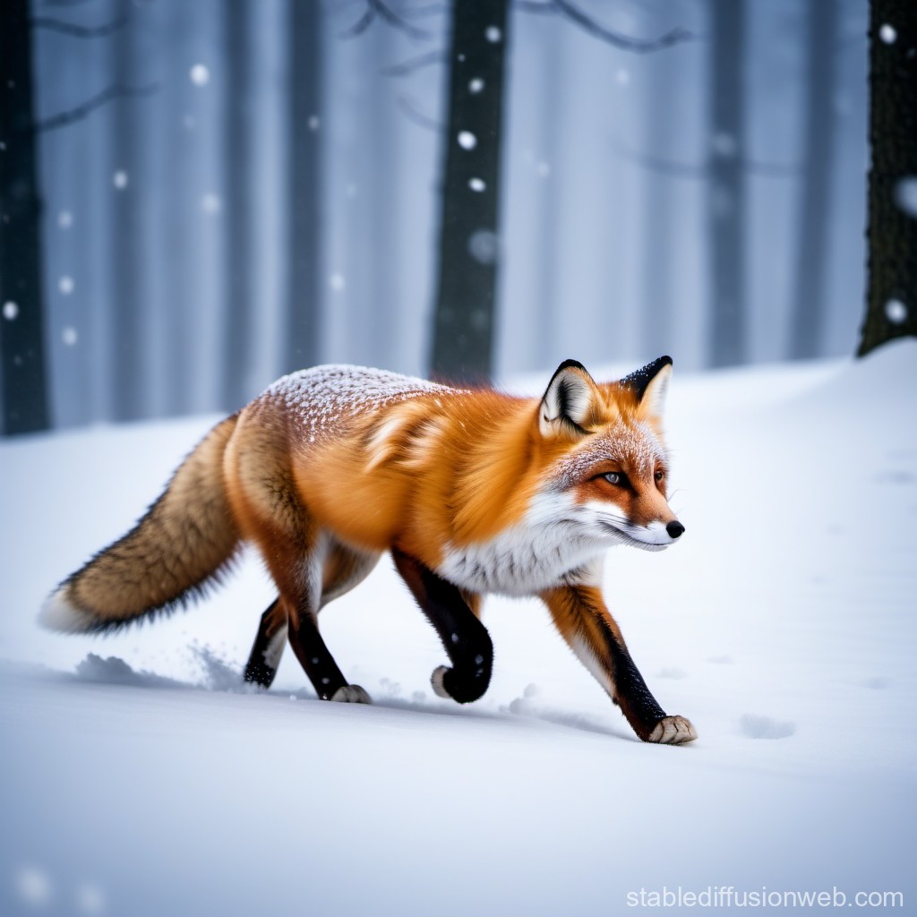 Red Fox Walking Through Snowy Forest