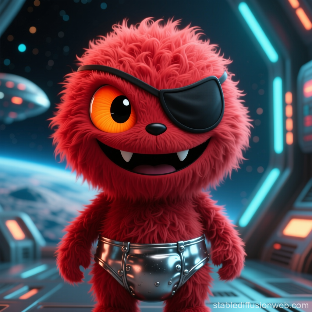 Red Furry Alien Pirate in Space Station