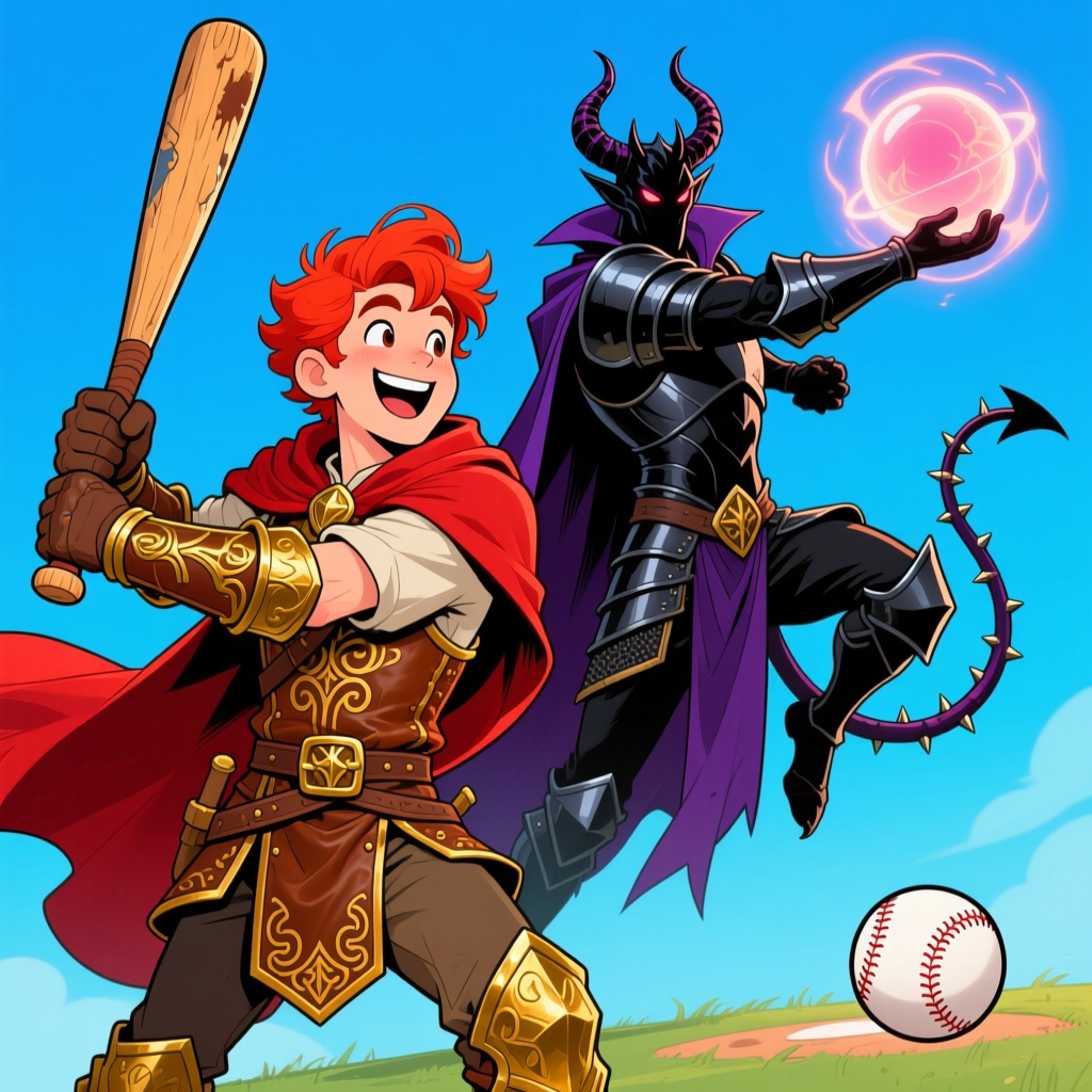 Red-Haired Adventurer Playing Baseball Against a Demon