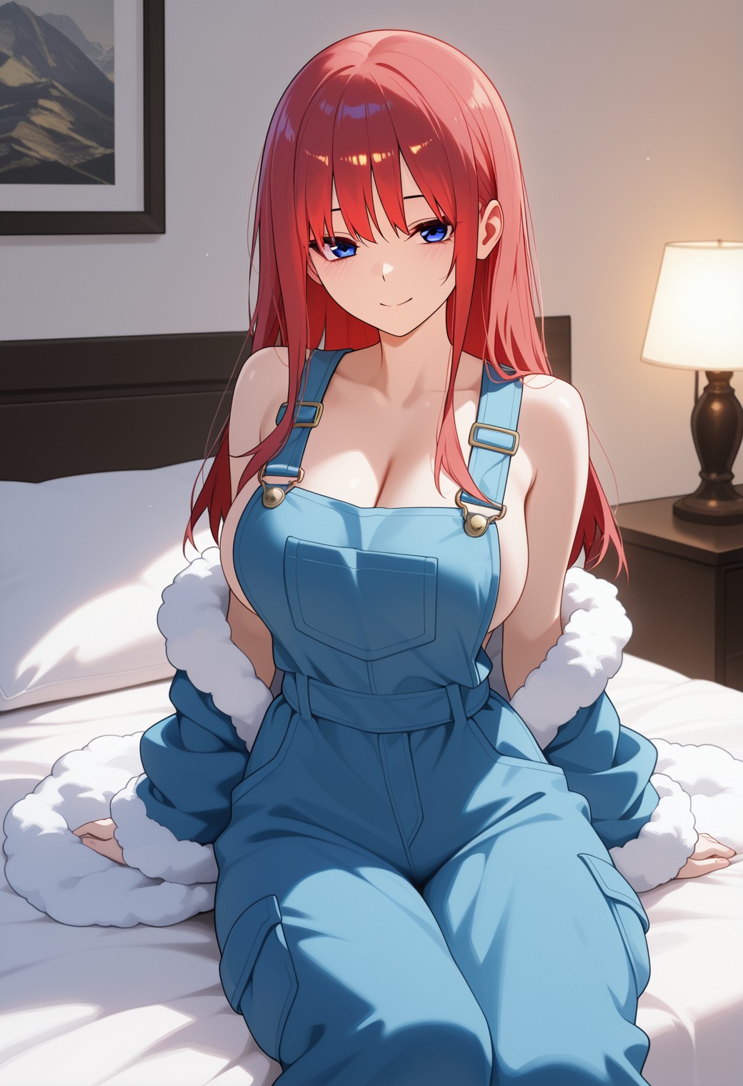 Red-Haired Anime Girl in Blue Overalls Sitting on Bed