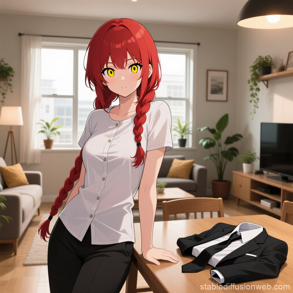 Red-Haired Anime Girl in Cozy Modern Living Room