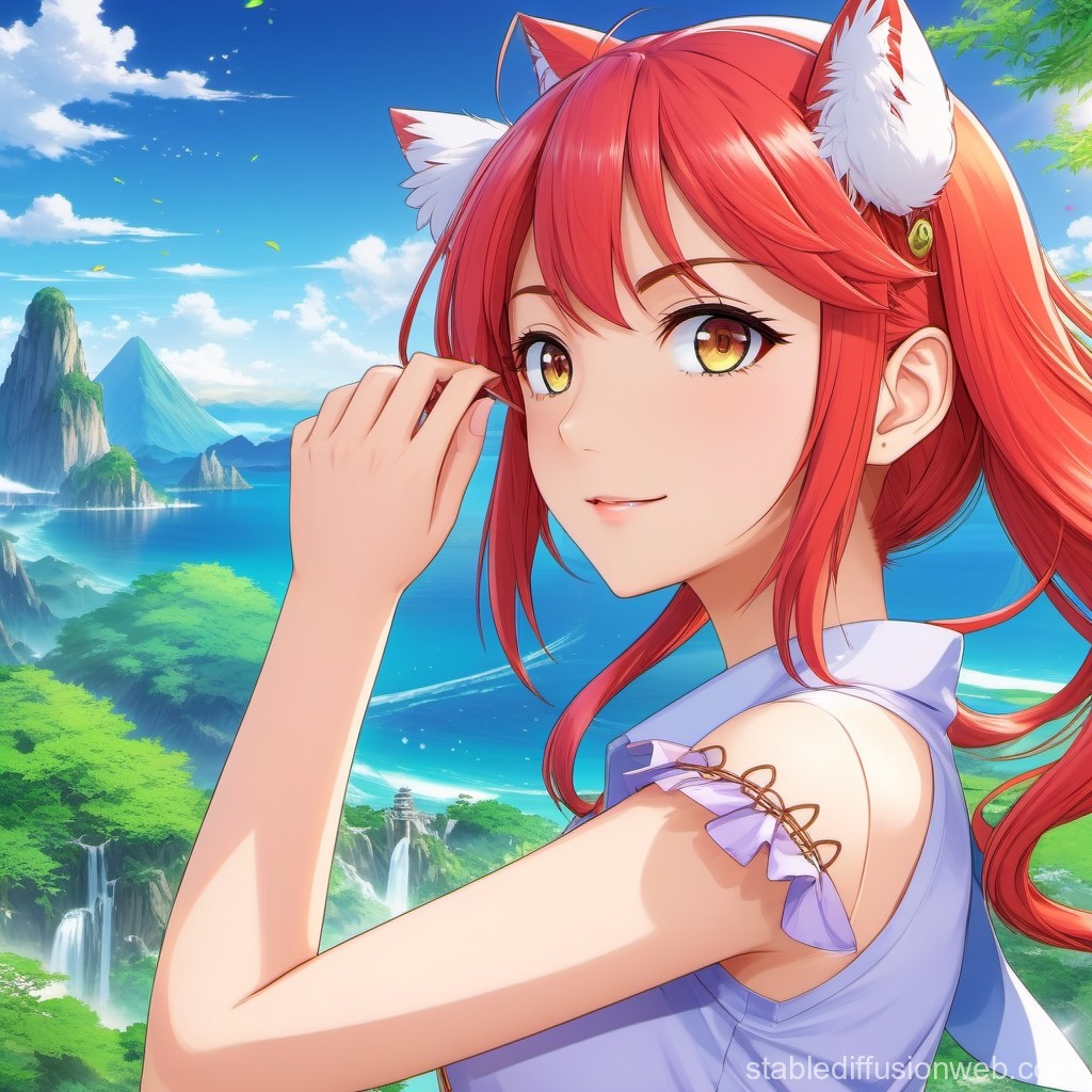 Red-Haired Anime Girl with Fox Ears by the Ocean