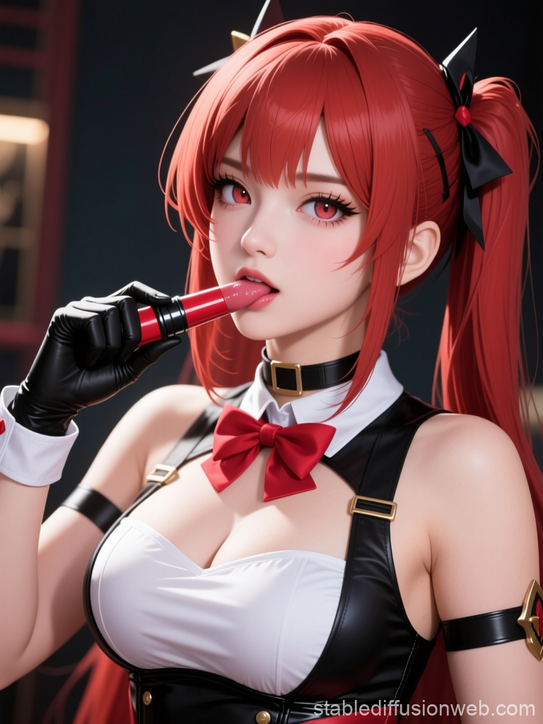Red-Haired Anime Girl with Lipstick in Stylish Outfit