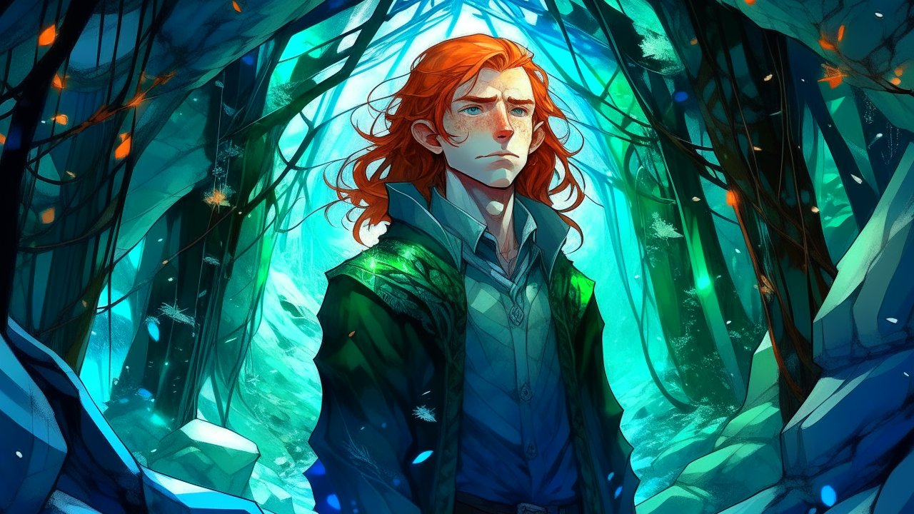 Red-Haired Anime Man in Enchanted Forest