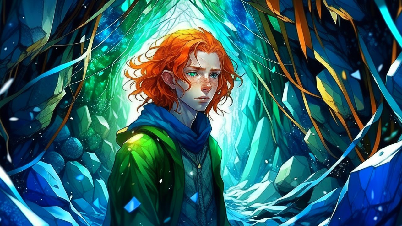 Red-Haired Character in Mystical Forest Cave