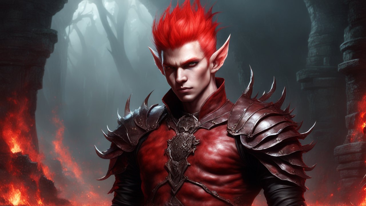 Red-Haired Elf Warrior in Fiery Hellscape
