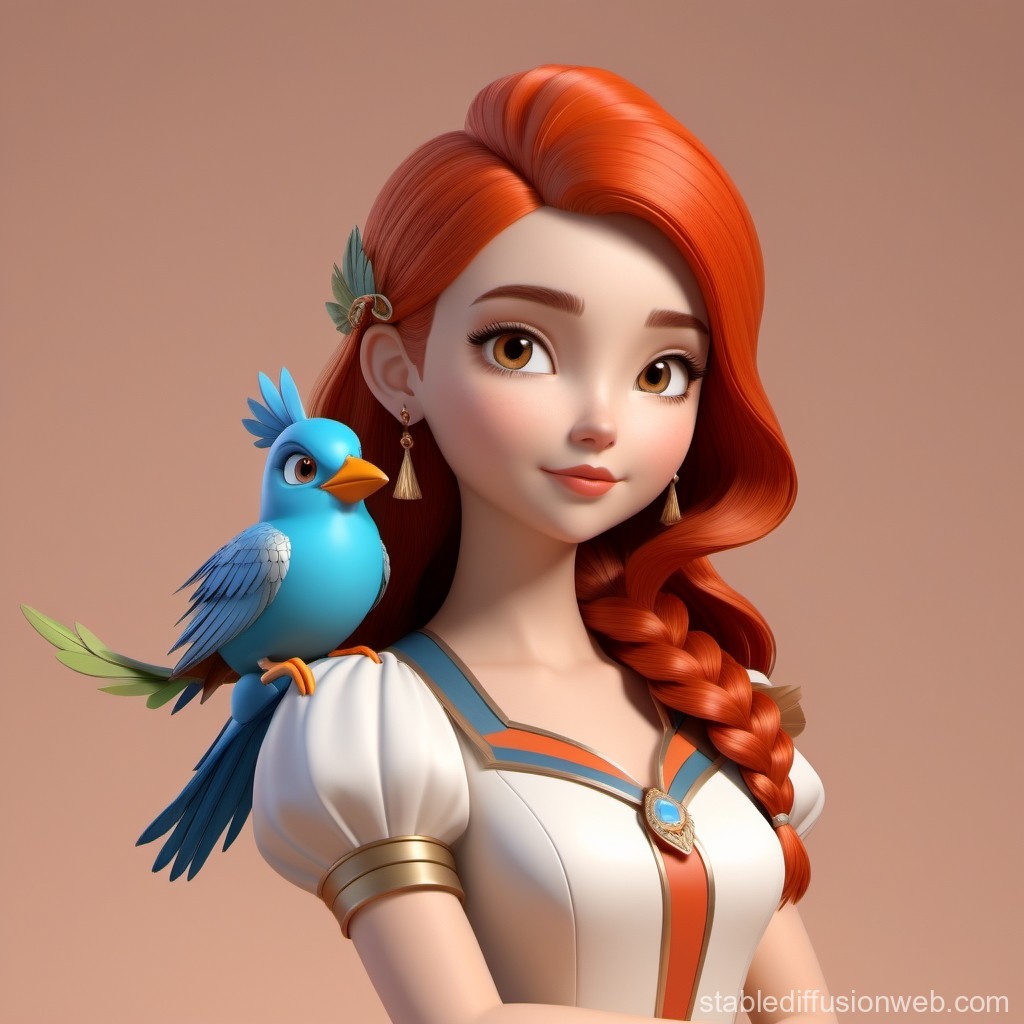 Red-haired Girl with Blue Bird on Shoulder in 3D Style