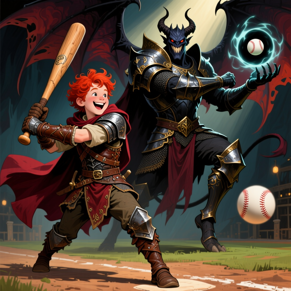 Red-Haired Hero Batting Against Dark Demon in Fantasy Baseball