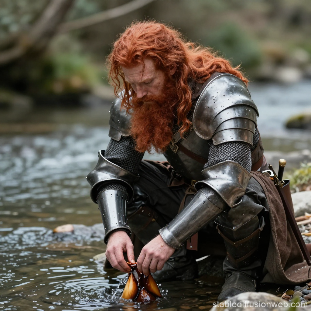 Red-Haired Knight in Armor by a Stream