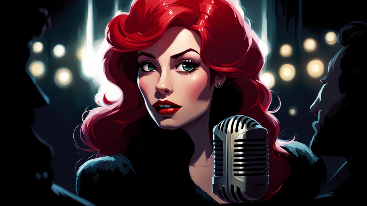Red-Haired Singer in Spotlight with Vintage Microphone