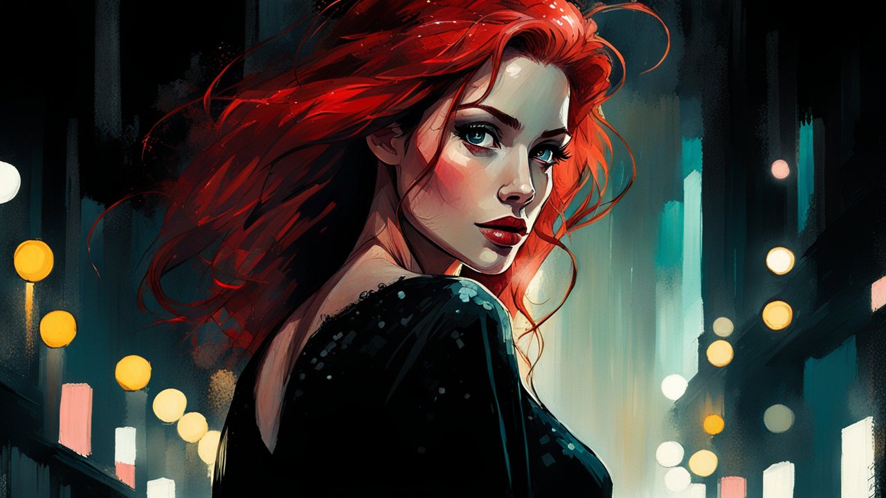 Red-Haired Woman in Night Cityscape