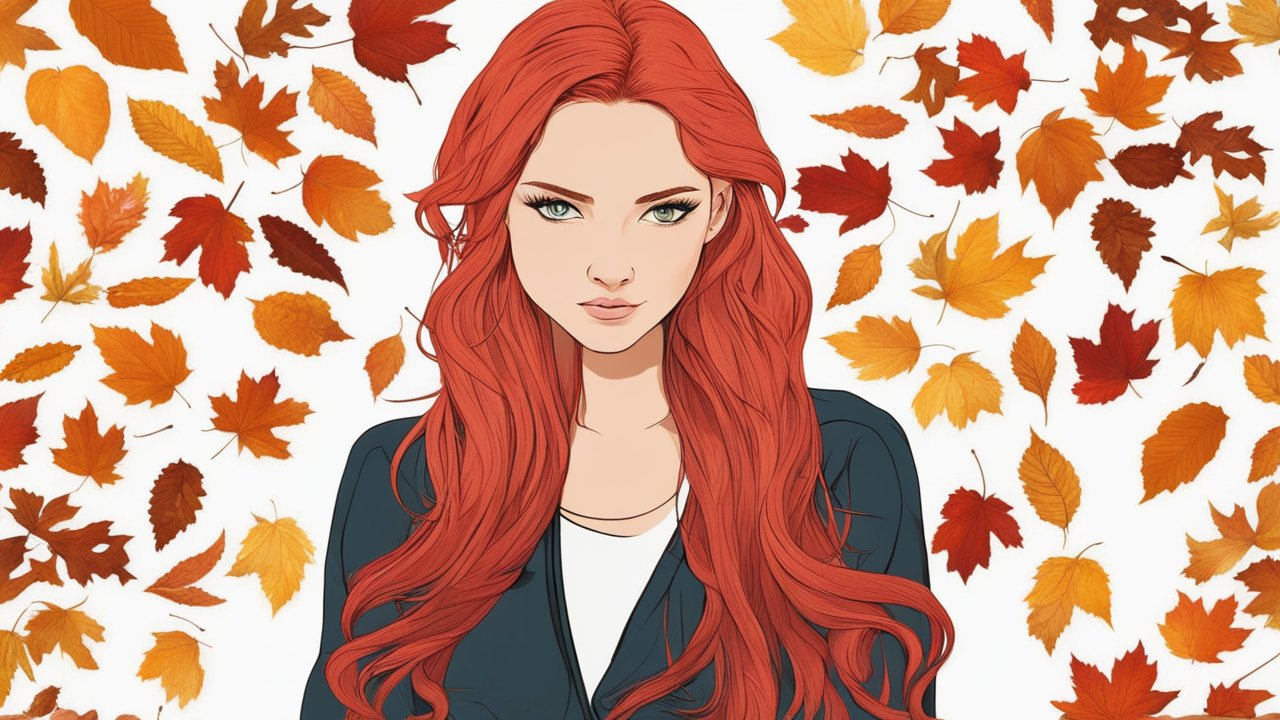 Red-Haired Woman Surrounded by Autumn Leaves