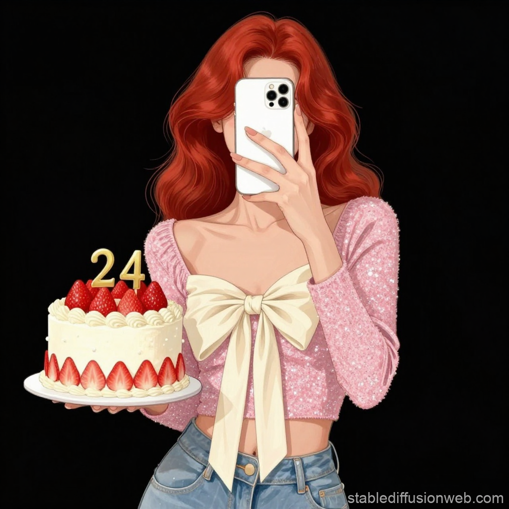 Red-Haired Woman Taking Selfie with Birthday Cake