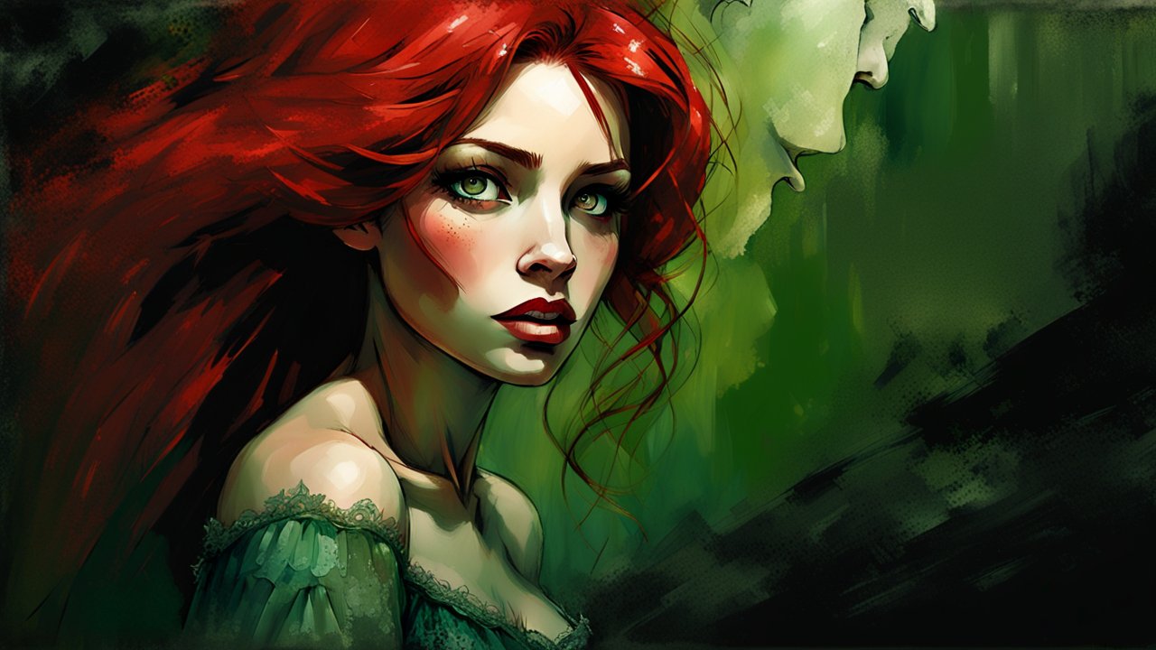 Red-Haired Woman with Intense Gaze in Green Fantasy Setting
