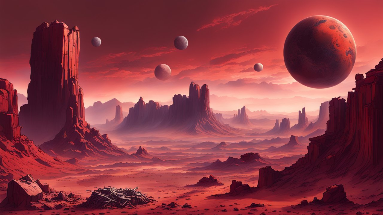 Red Rocky Alien Landscape with Multiple Planets