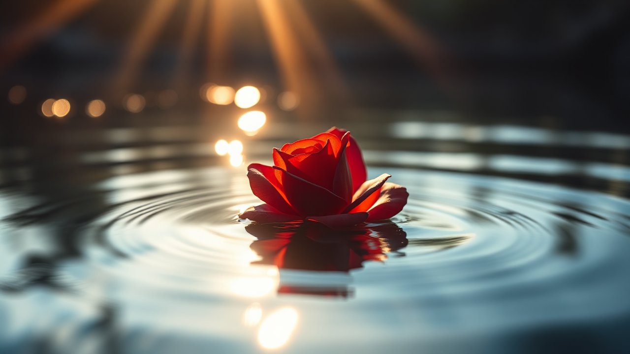 Red Rose Floating on Water with Sunlight Reflections
