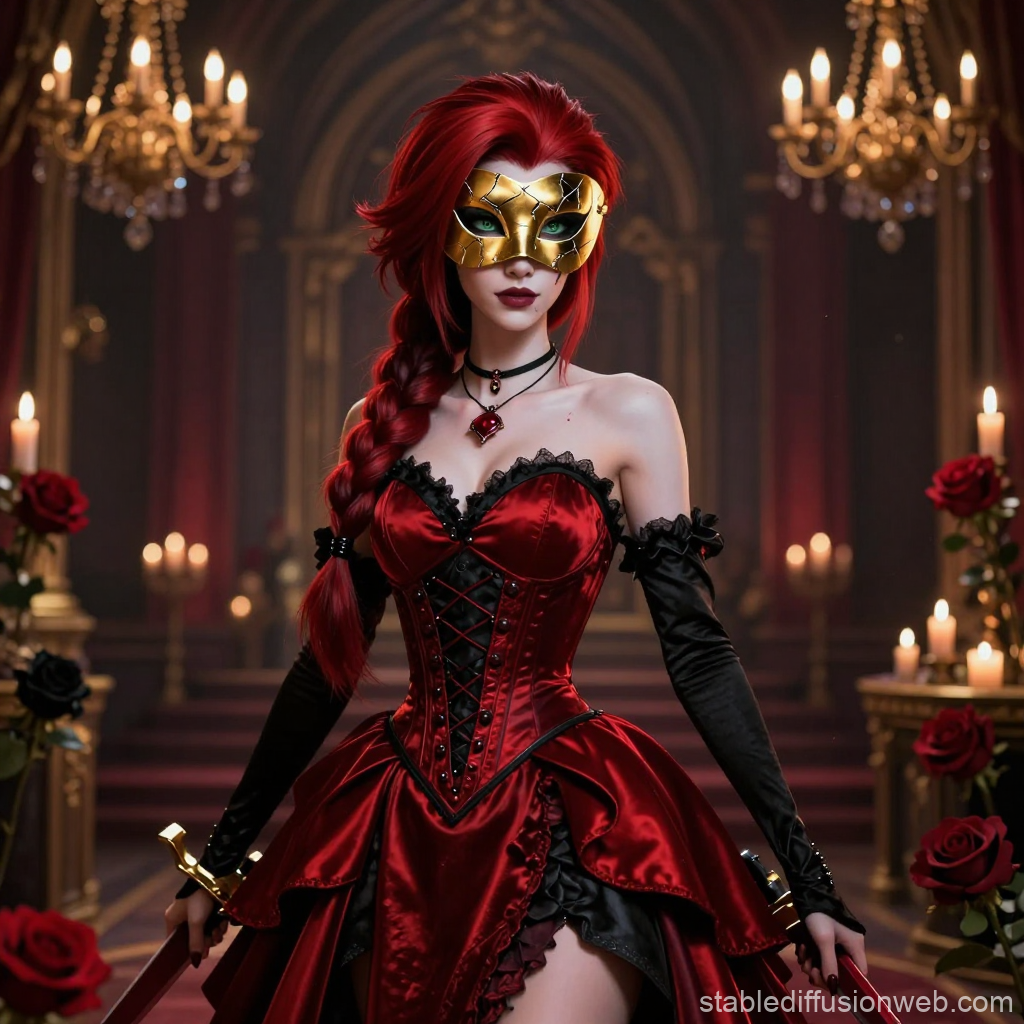 Red Rose Masquerade Ball Gown with Golden Mask