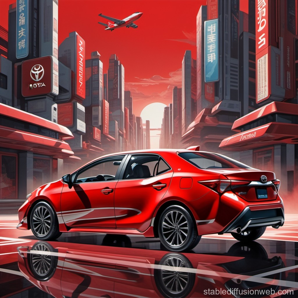 Red Sedan Car in Futuristic Cityscape at Sunset