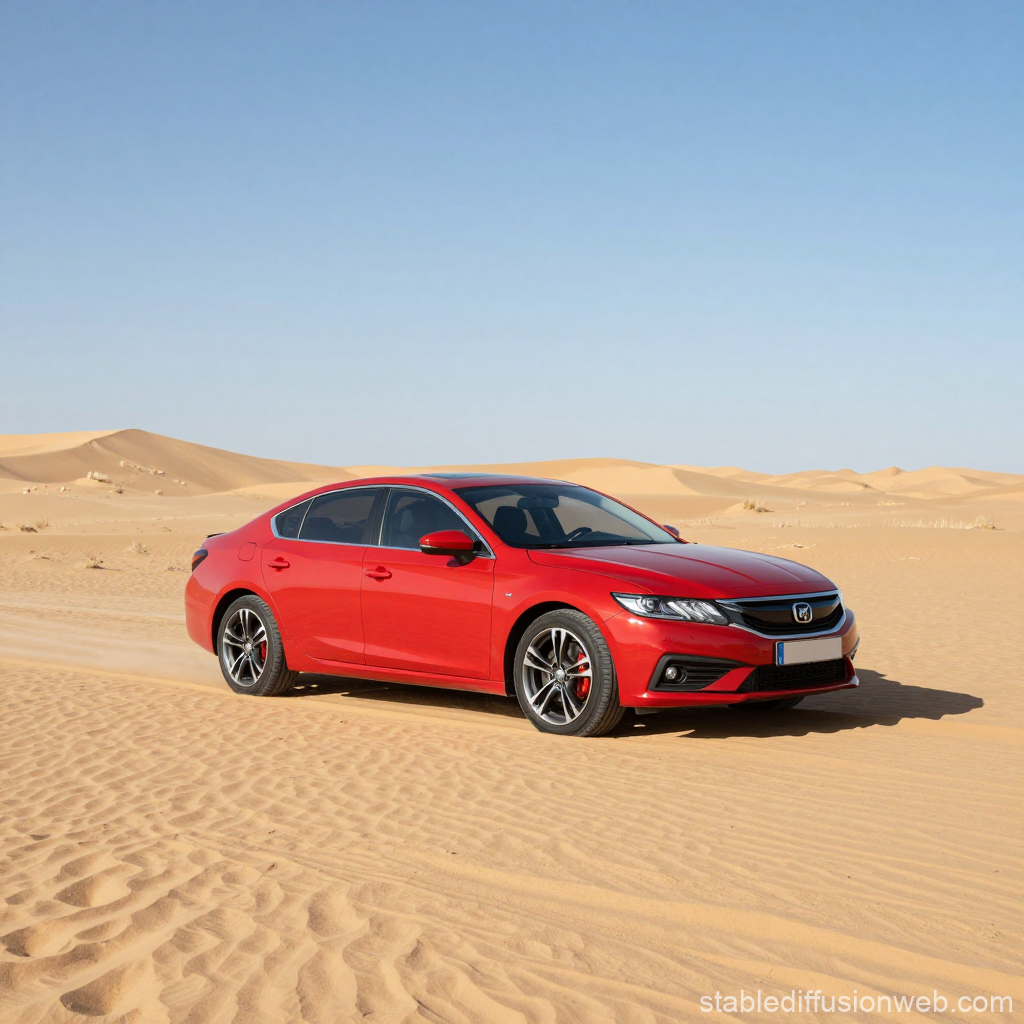 Red Sedan Car Parked in Desert Sand Dunes