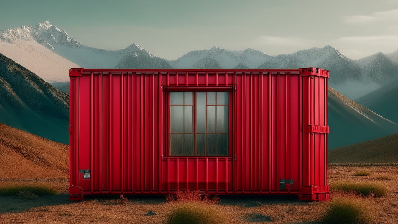 Red Shipping Container Home in Mountain Desert Landscape
