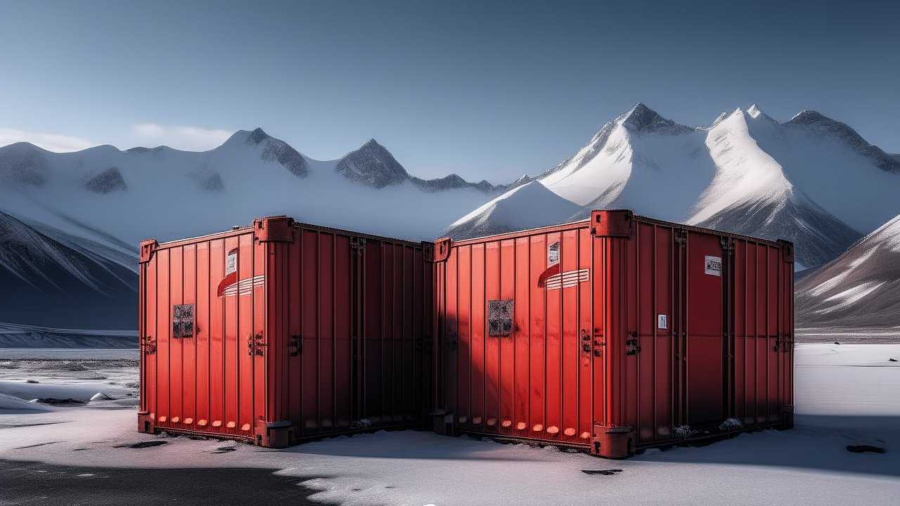 Red Shipping Containers in Snowy Mountain Landscape