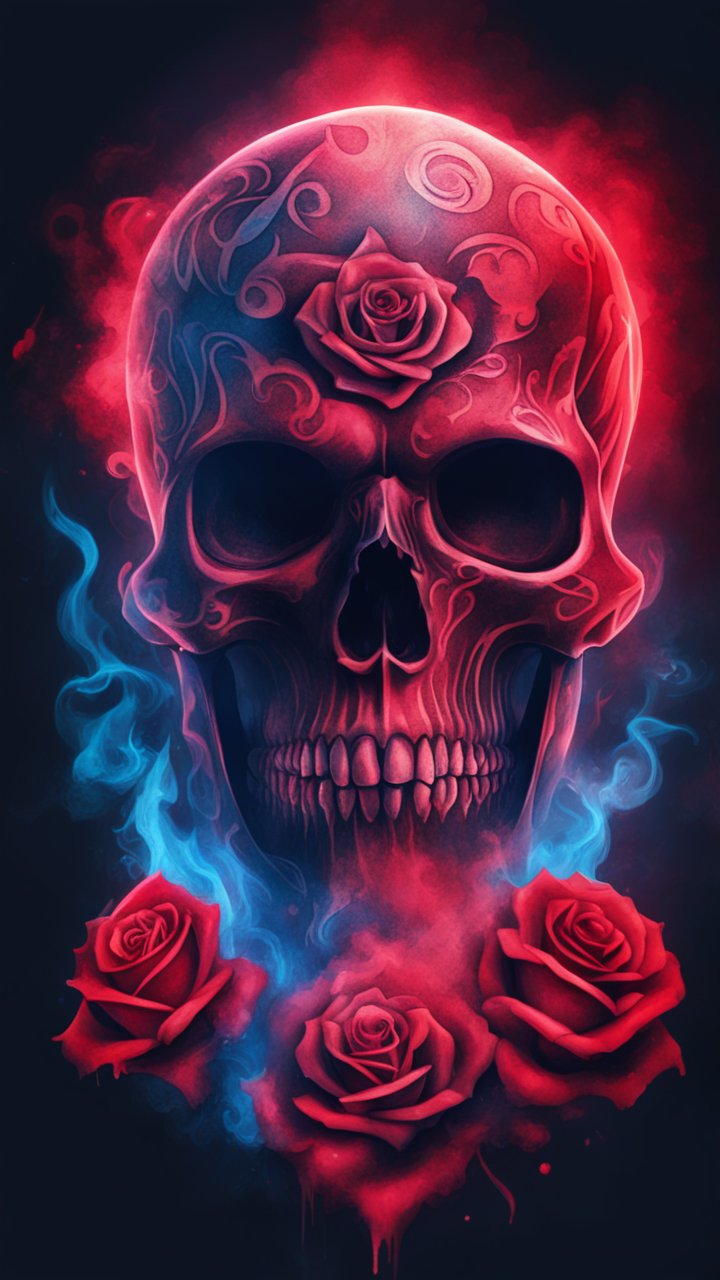 Red Skull with Roses and Mystical Smoke