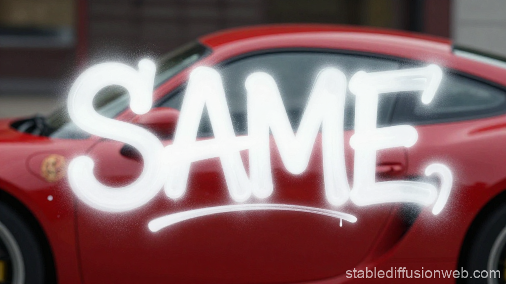 Red Sports Car with White Graffiti Tag 'SAME,'