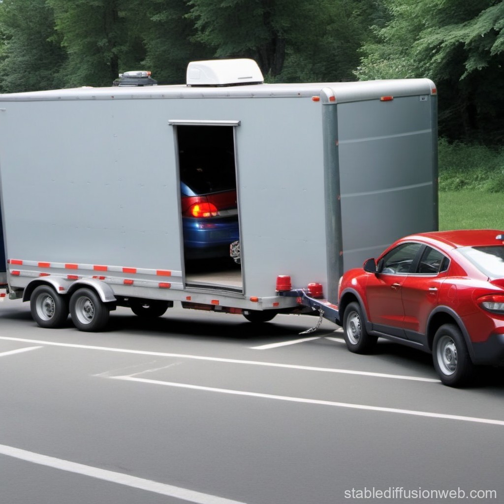 Red SUV Towing Enclosed Trailer with Car Inside