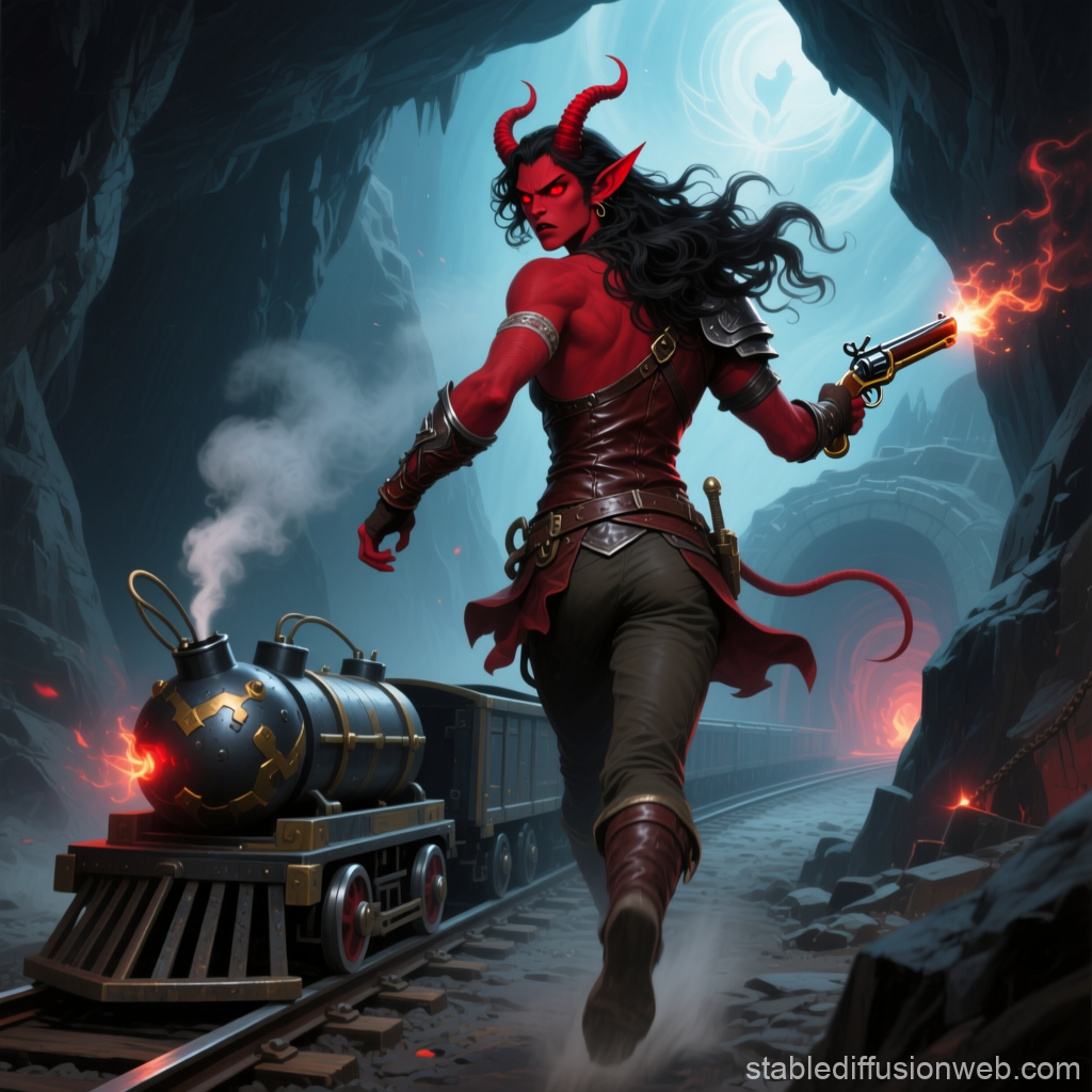Red Tiefling Firing Pistol While Running Along Mine Train