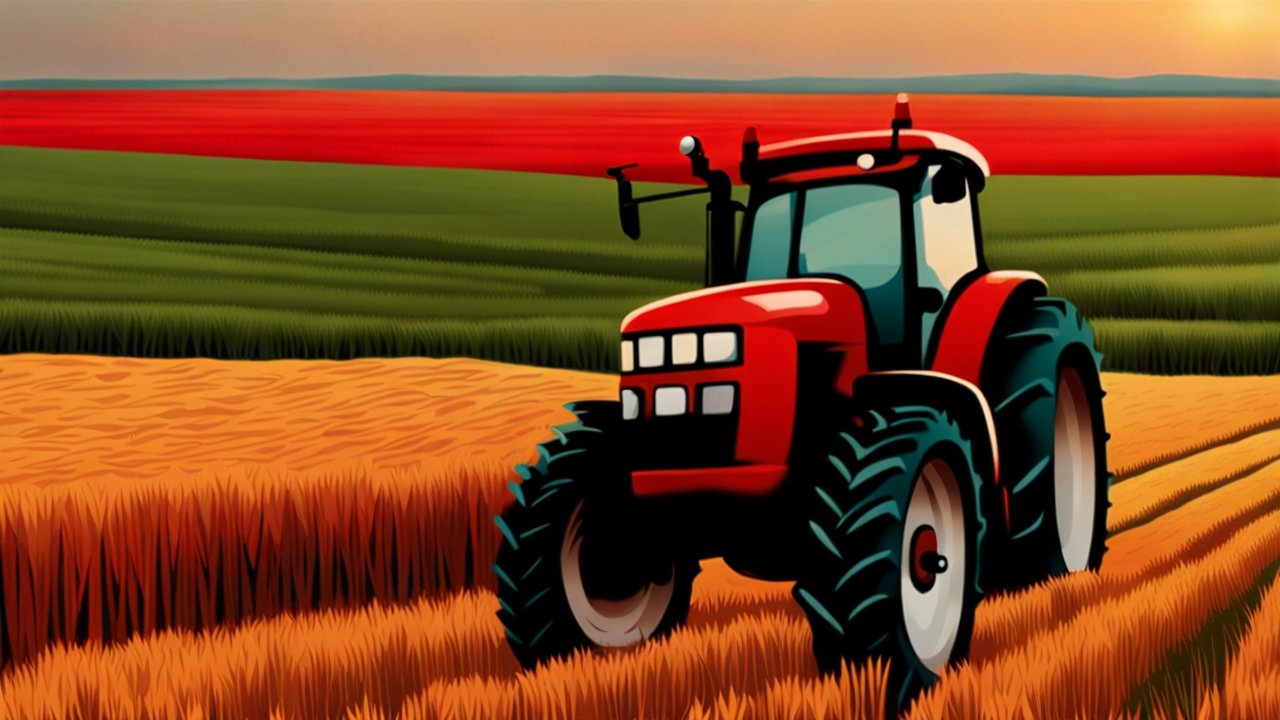 Red Tractor in a Colorful Agricultural Field