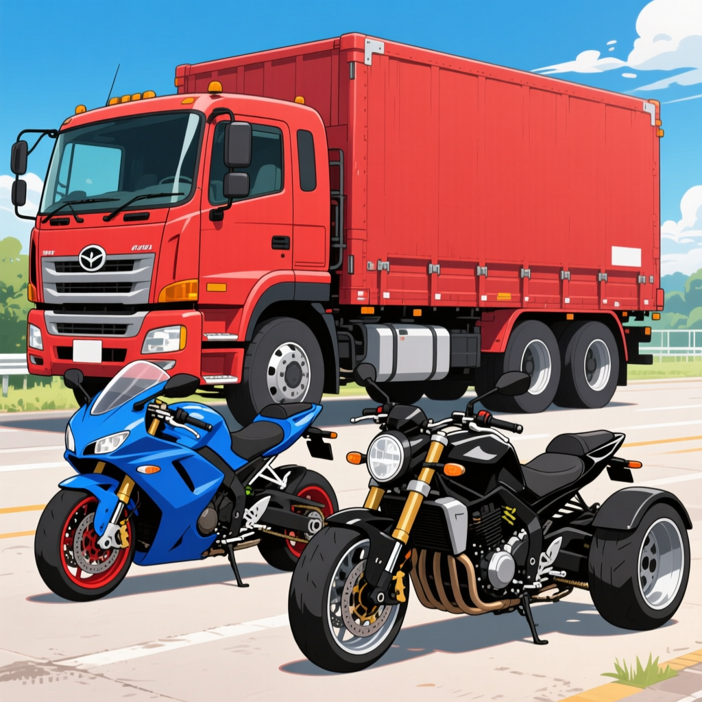 Red Truck and Two Motorcycles on Road in Anime Style