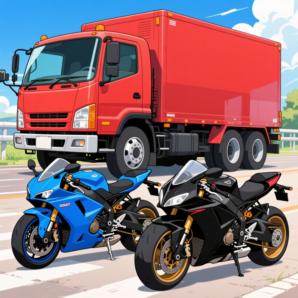 Red Truck with Blue and Black Motorcycles on Road