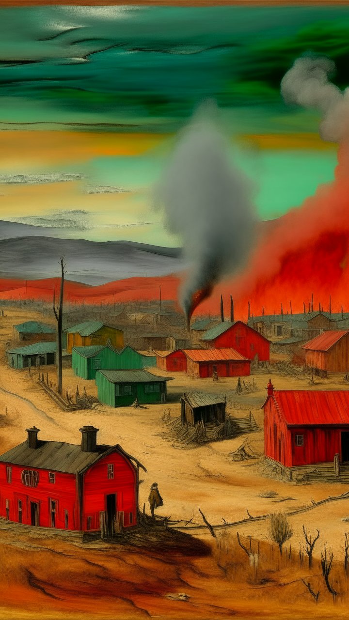 Red Western Town Amidst Fire and Smoke