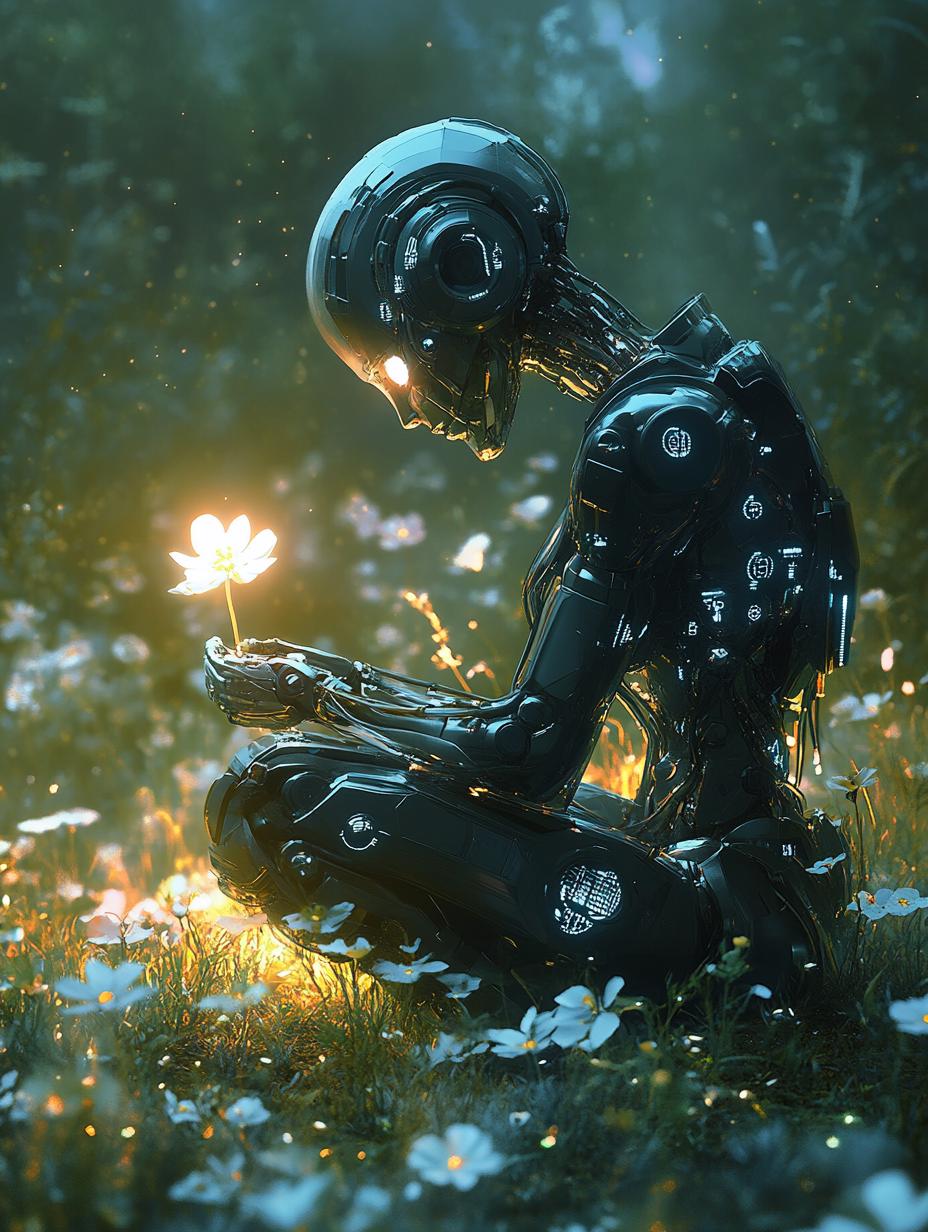 Reflective Robot Holding Glowing Flower in a Meadow