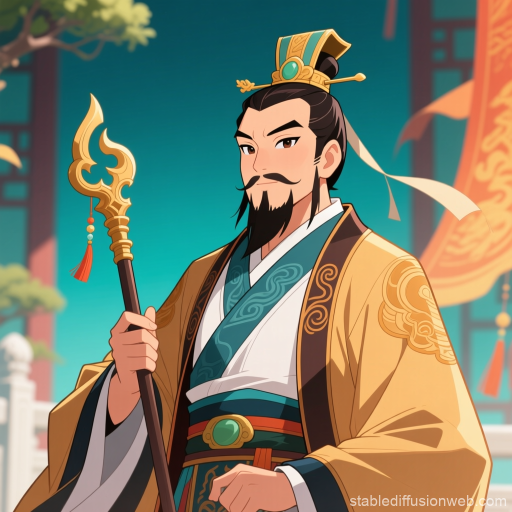 Regal Ancient Chinese Nobleman Holding Ornate Staff