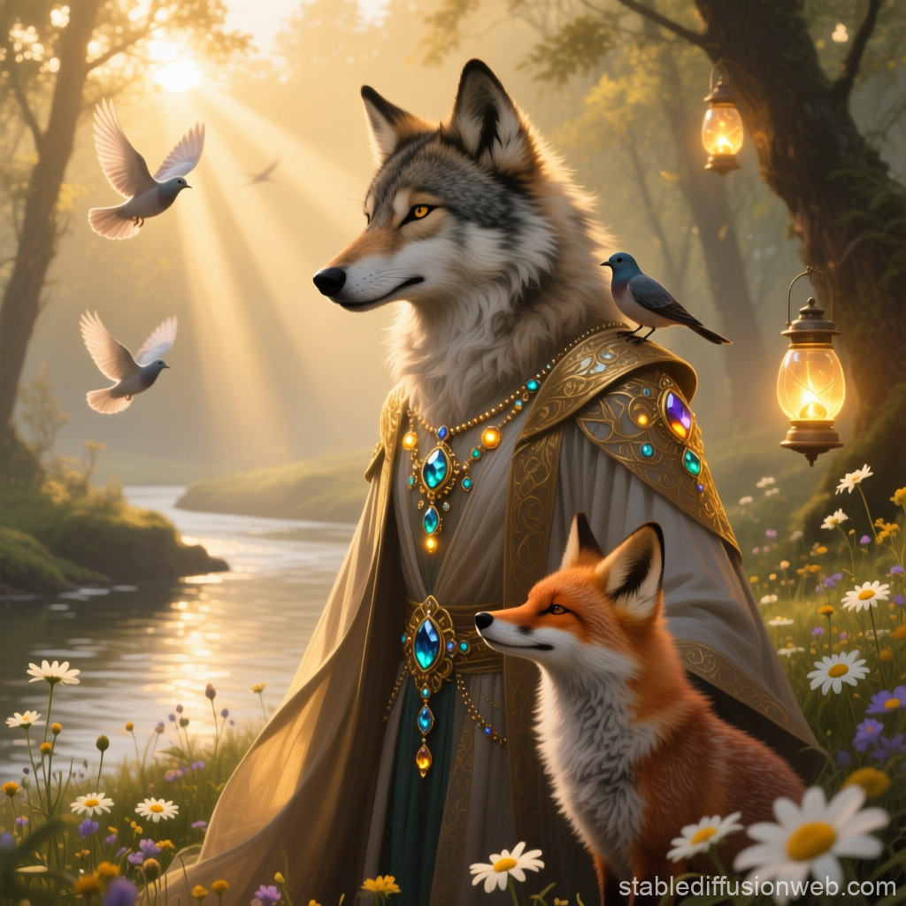 Regal Anthro Wolf and Fox in Enchanted Forest