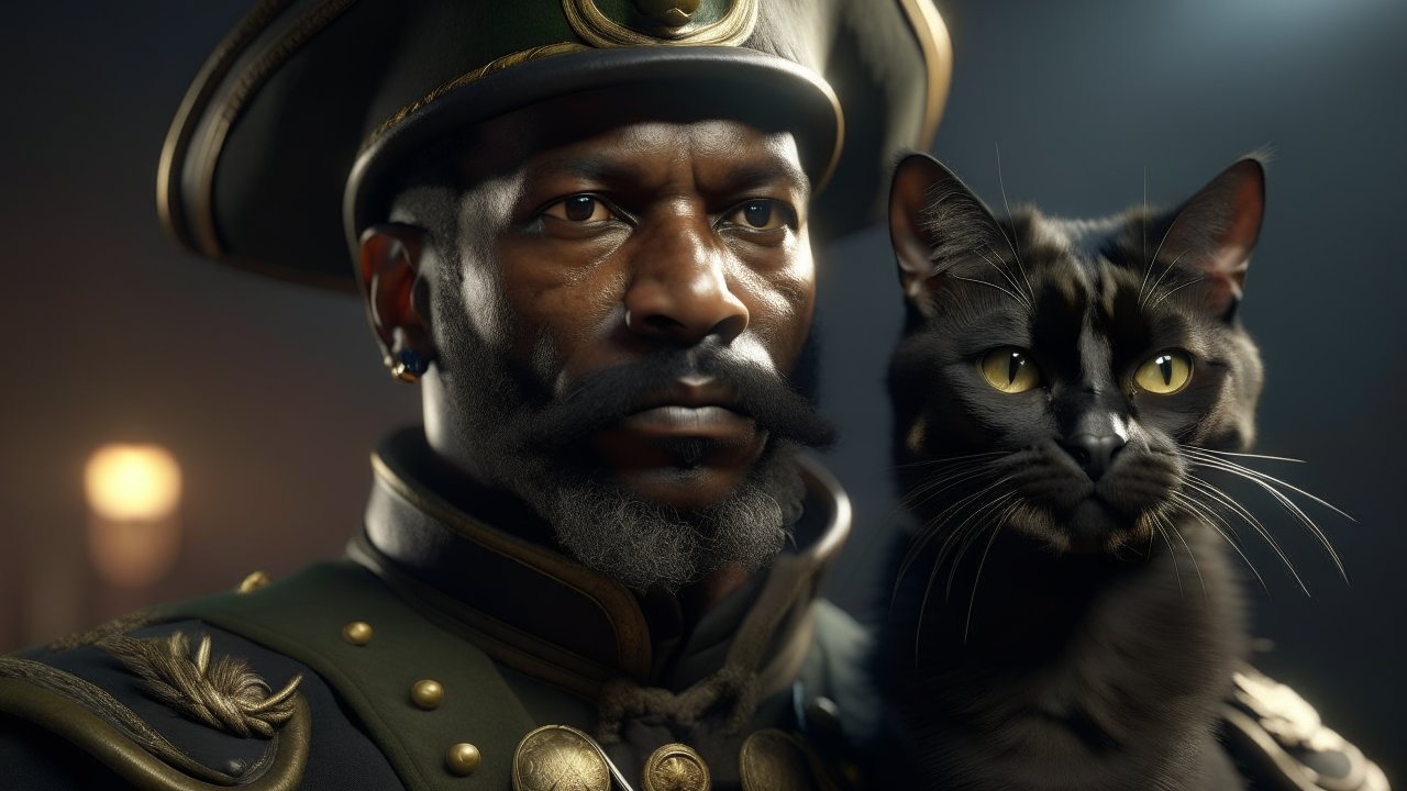 Regal Black Man in Historical Military Uniform with Cat