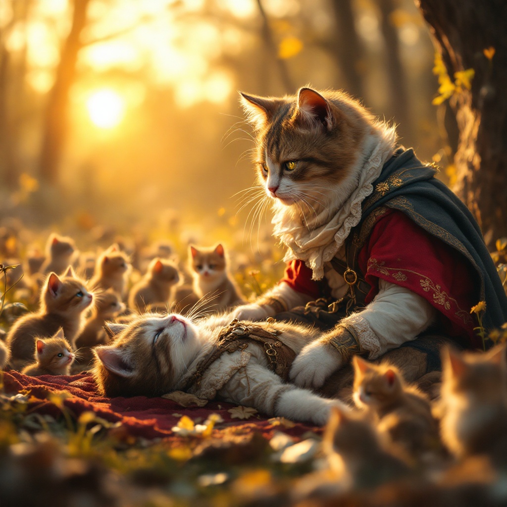 Regal Cat Caring for Kitten Surrounded by Curious Kittens in Autumn Forest