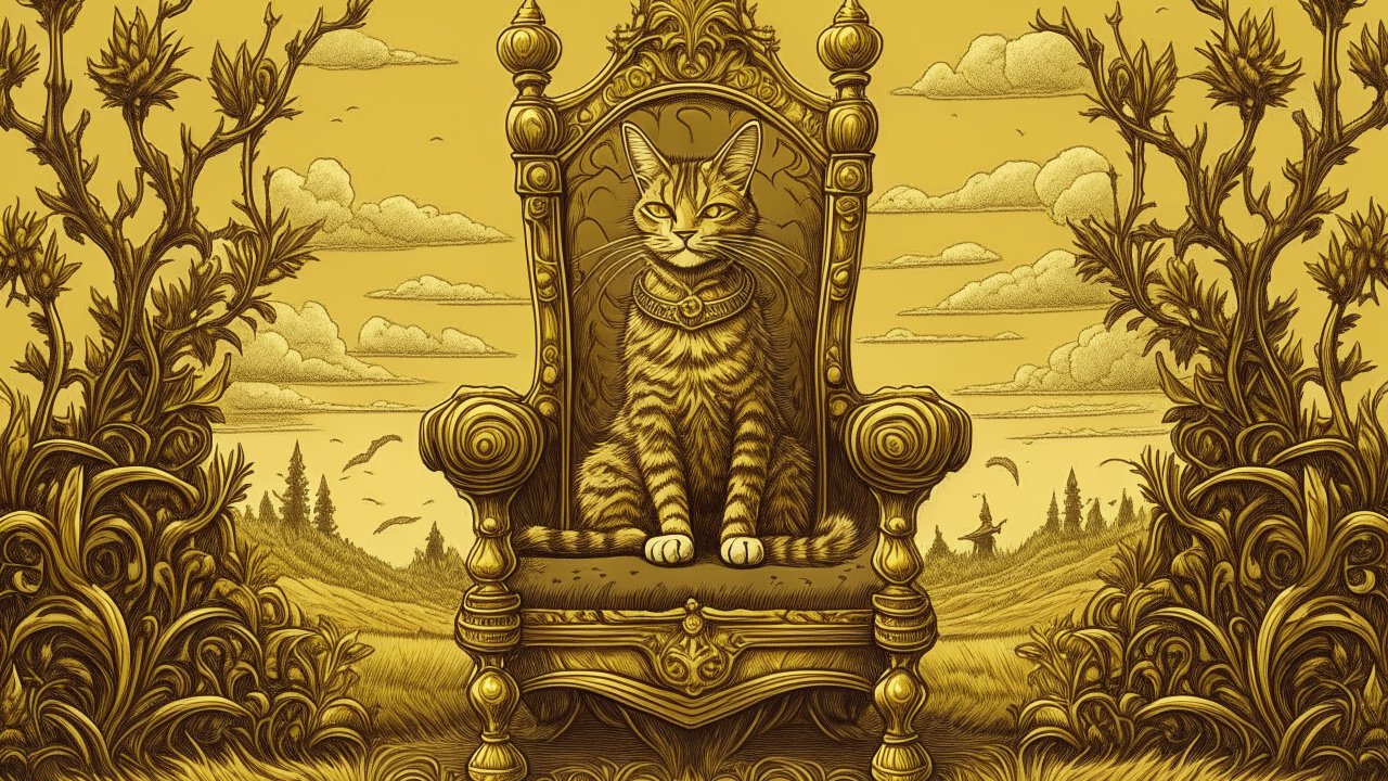 Regal Cat Sitting on Ornate Throne in Fantasy Landscape