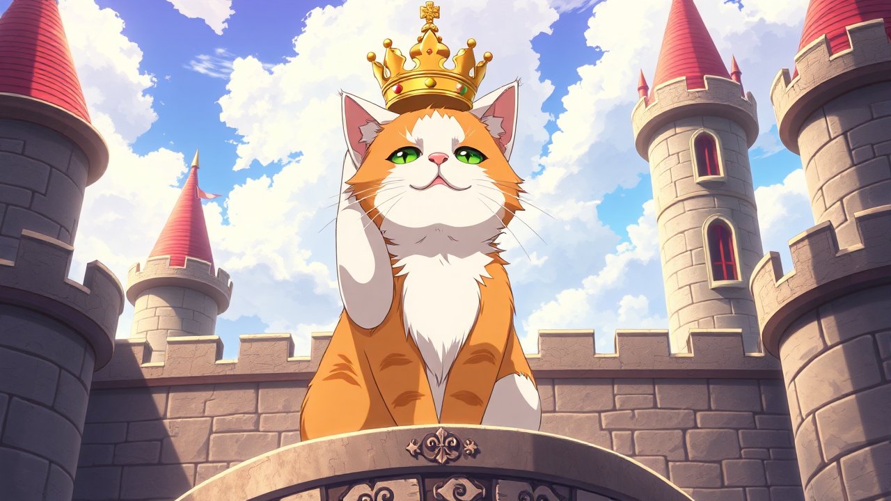 Regal Cat Wearing a Crown in a Castle Courtyard