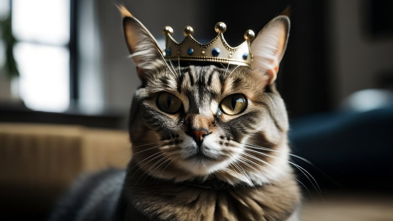 Regal Cat Wearing a Crown Indoors