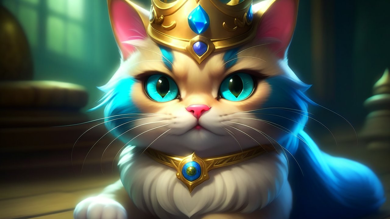 Regal Cat with Crown and Blue Gemstones