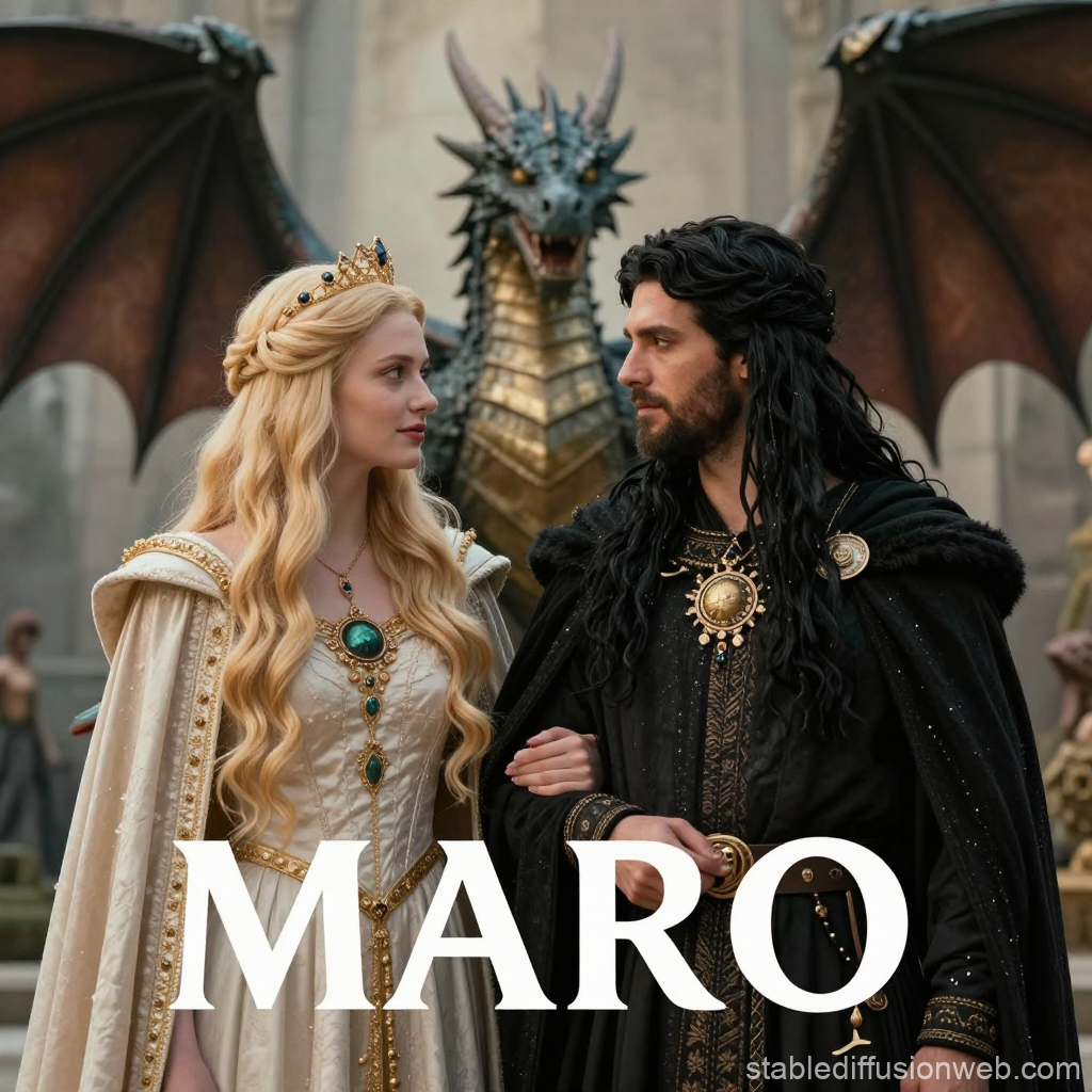 Regal Couple with Dragon in Fantasy Setting