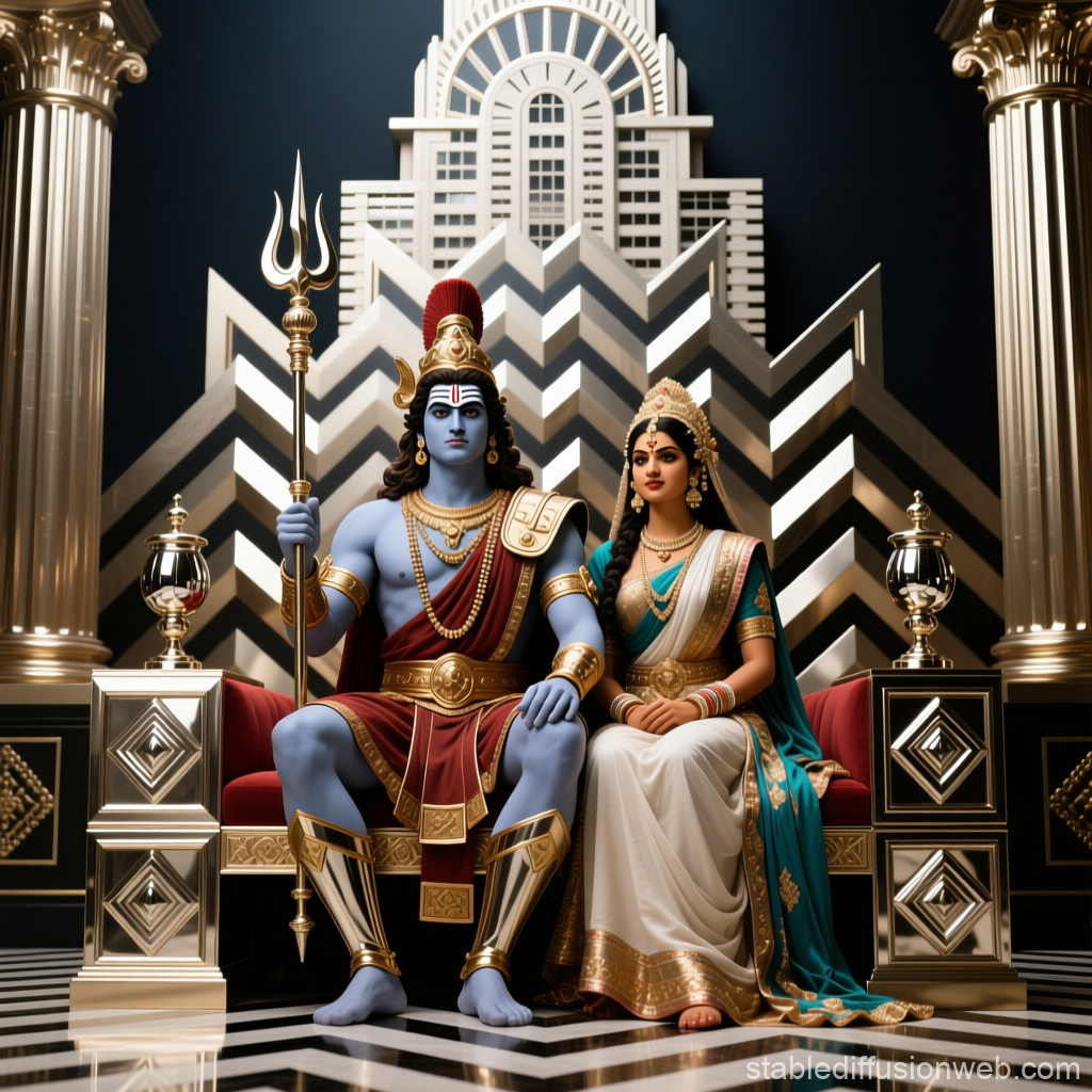 Regal Depiction of Shiva and Parvati on Ornate Throne