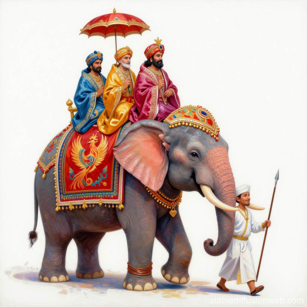 Regal Elephant Parade with Three Royal Riders and Phoenix Motif