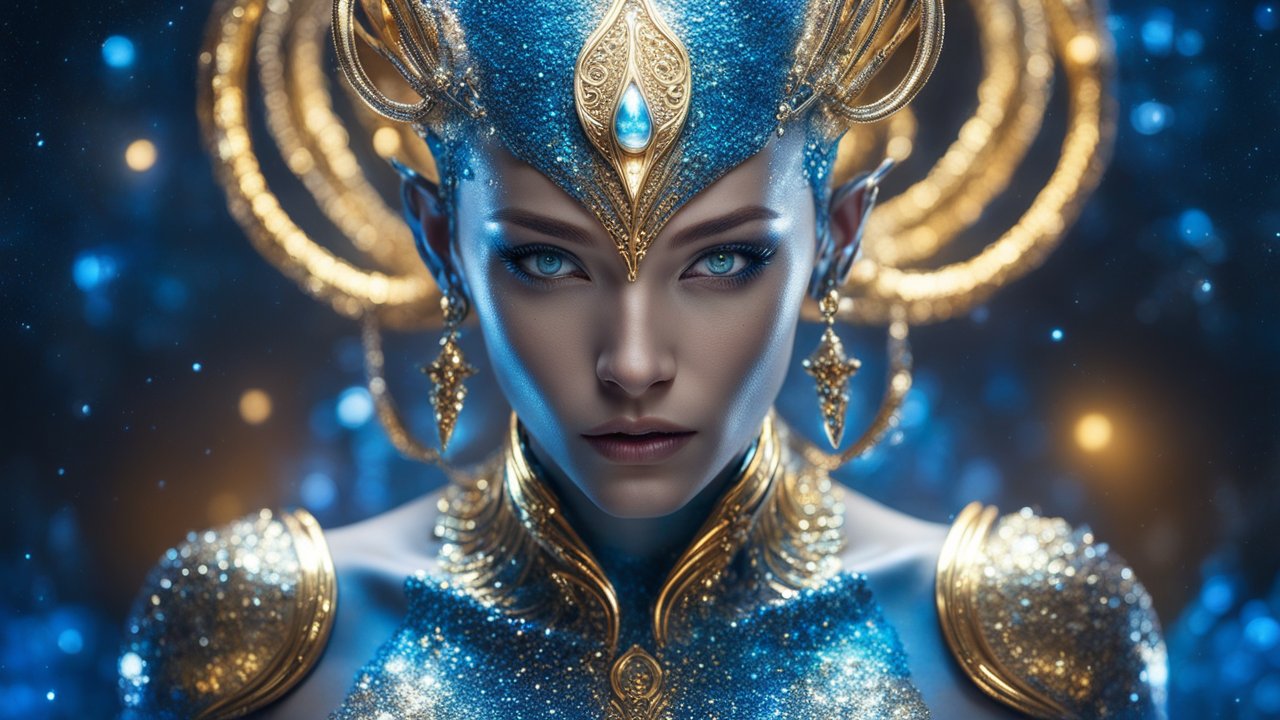 Regal Female Alien with Blue and Gold Ornamentation