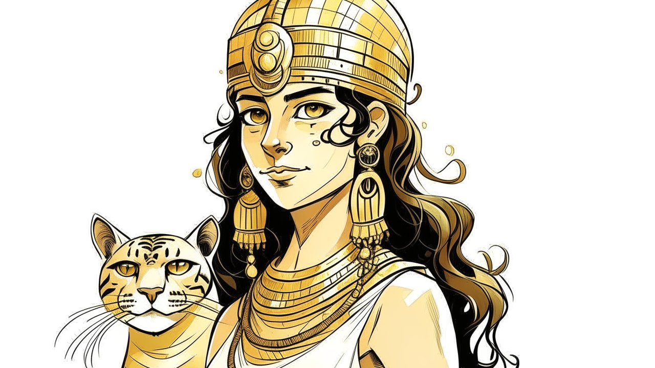 Regal Girl with Golden Jewelry and Tiger Companion