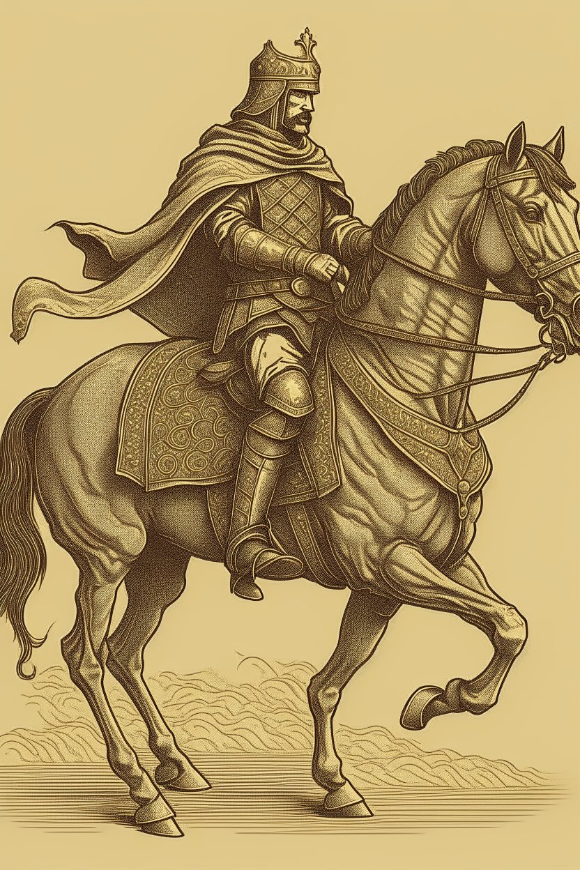 Regal King on Horseback in Detailed Armor
